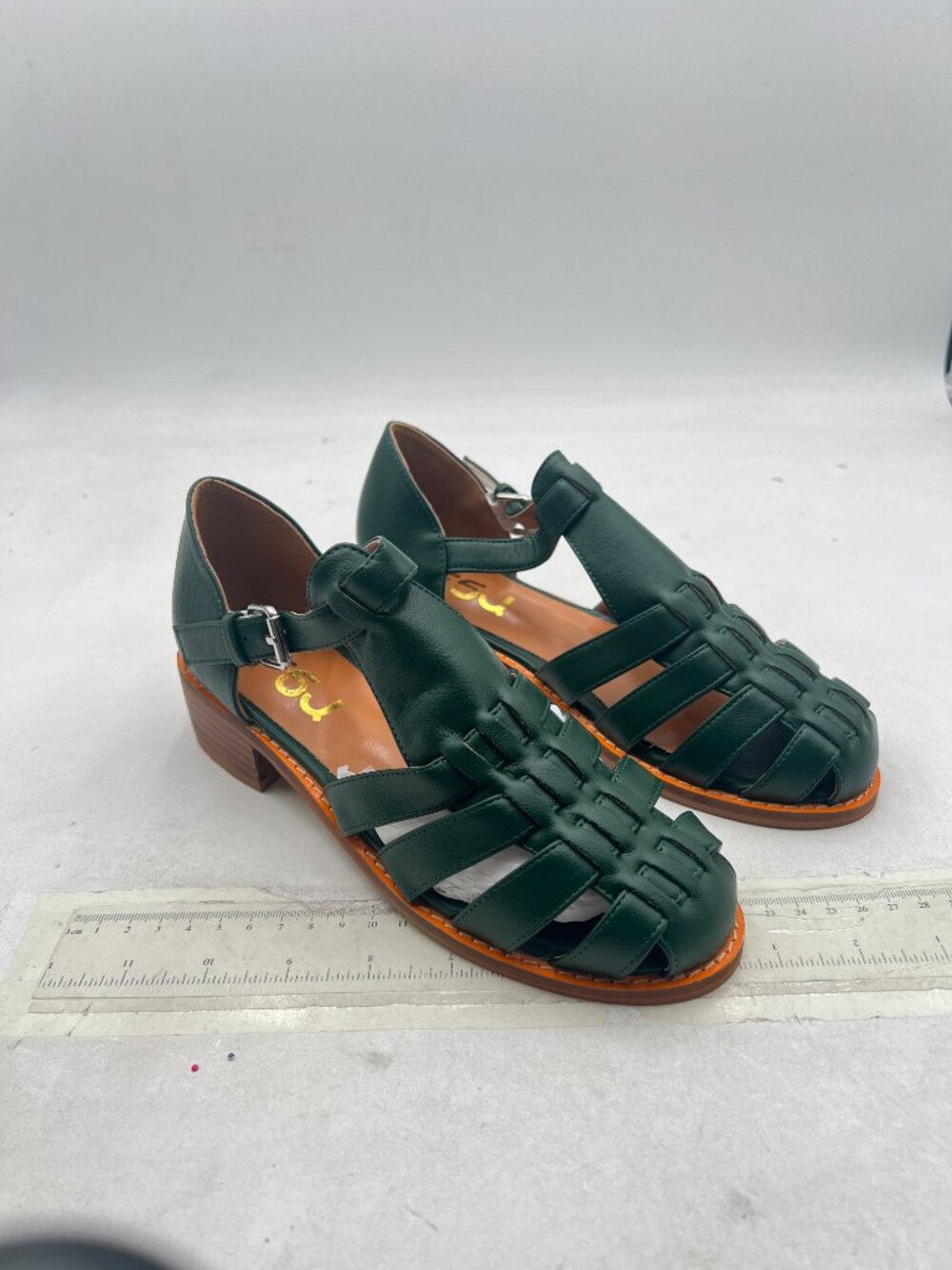 FSJ Green Retro Closed Toe Low Block Heel Woven Roman Ankle Strap Caged Sandals - Picture 4 of 8